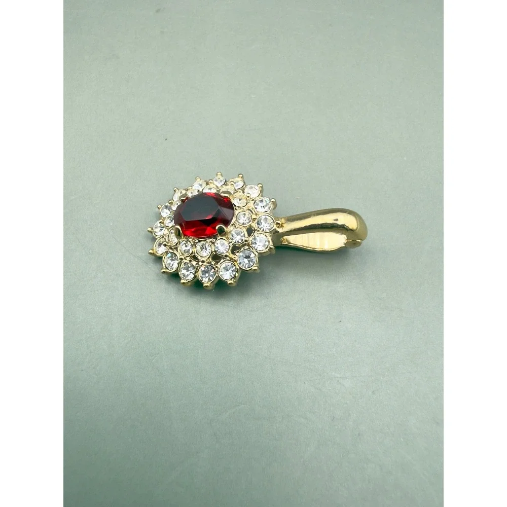 Gold Tone Red Oval Stone Enhancer Pendant Clear Rhinestone Halo Sunburst 1 Inch